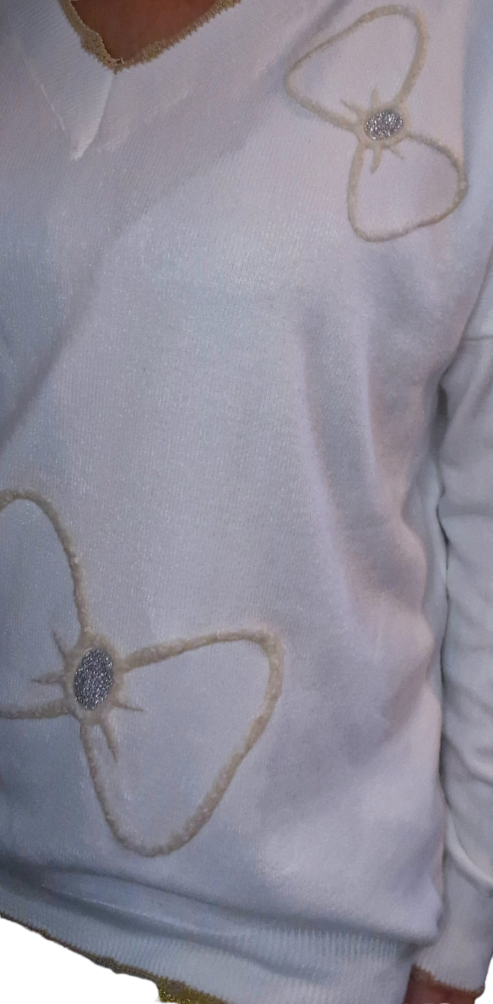 Wiskozowa Bluzka biała kokardki cekiny na długi rękaw  Oversize  uniwersalny - Italia zdjęcie 3