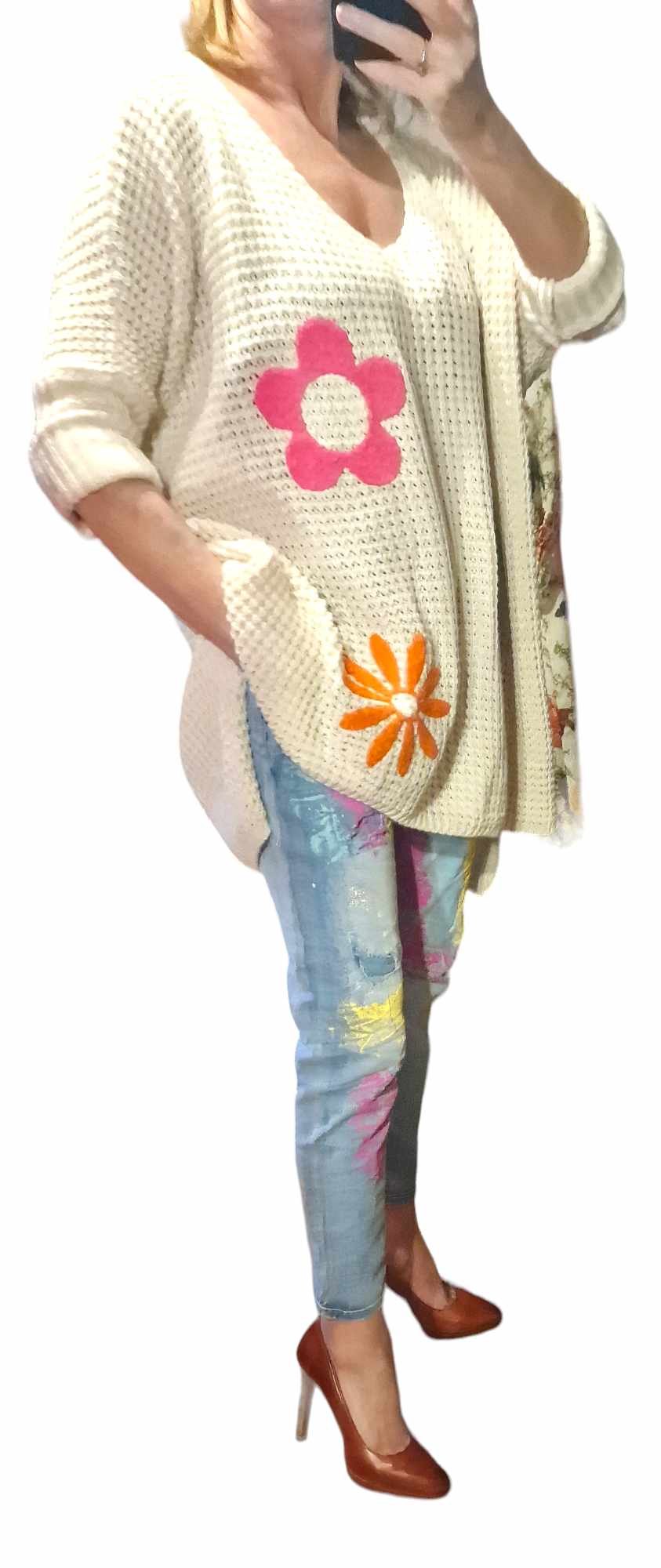 Bluzka  oversize z kwiatami Luiza kremowy jasny beż - Italai zdjęcie 1