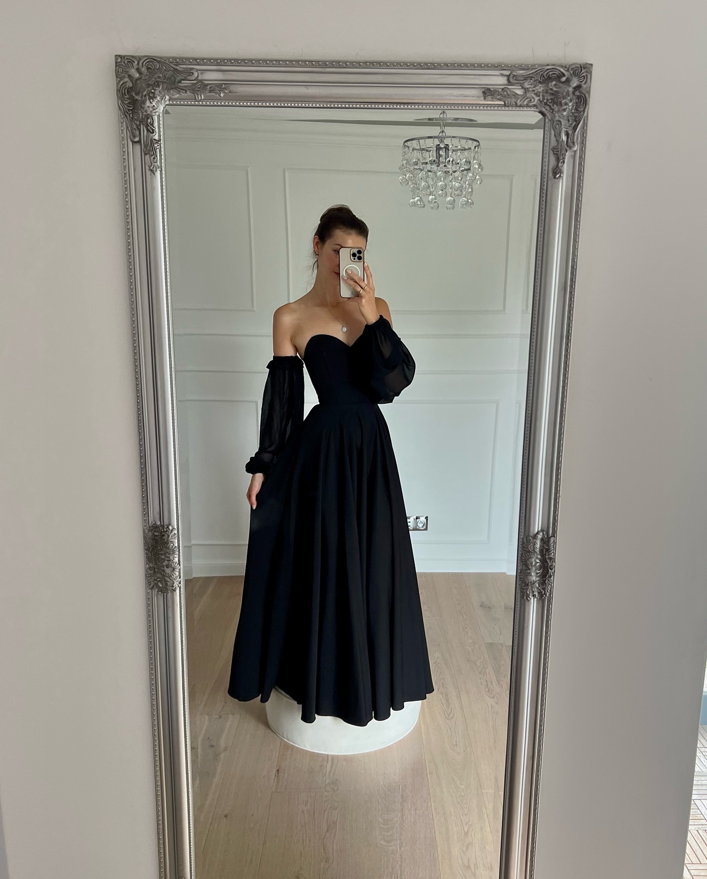 Florence - black flared corset maxi dress with buff chiffon sleeves - Kulunove image 3