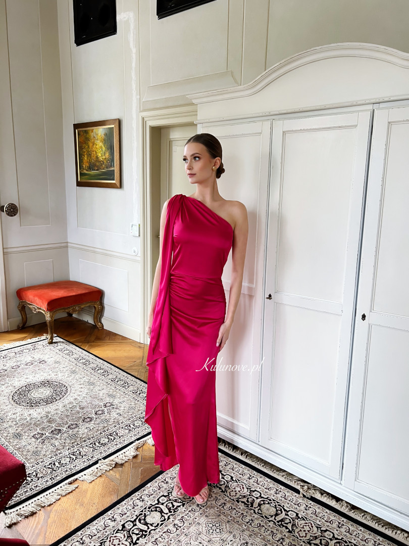 Chicago fuchsia - one shoulder satin dress with ties in several ways - Kulunove image 4