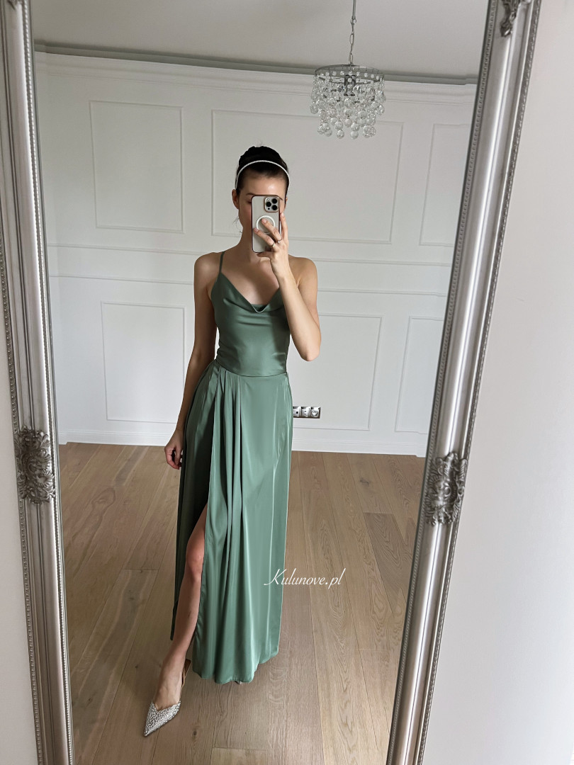 Ava - satin tied maxi dress in sage color - Kulunove image 1