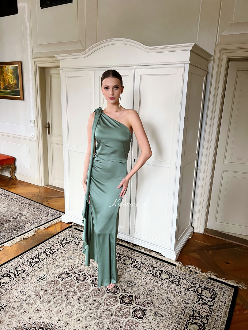 Chicago sage - satin one-shoulder dress with ruffle and tie on shoulder - Kulunove image 4
