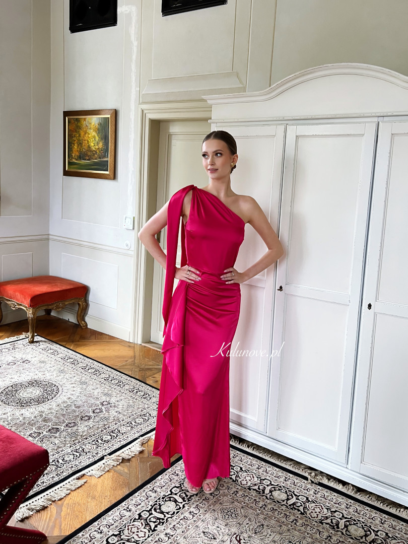 Chicago fuchsia - one shoulder satin dress with ties in several ways - Kulunove image 2