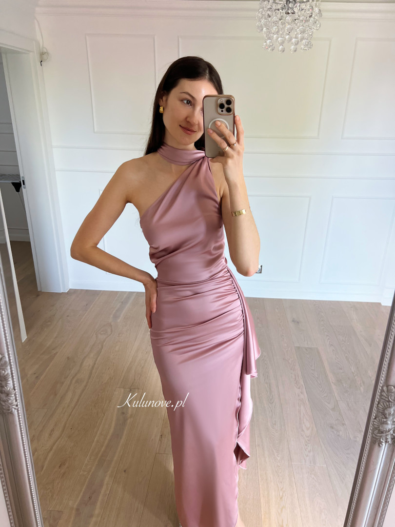 Chicago - pink satin one-shoulder dress with frill trim - Kulunove image 2