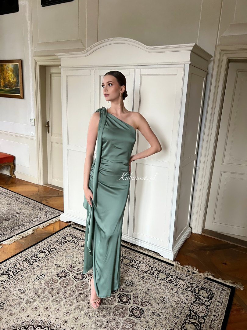 Chicago sage - satin one-shoulder dress with ruffle and tie on shoulder - Kulunove image 1