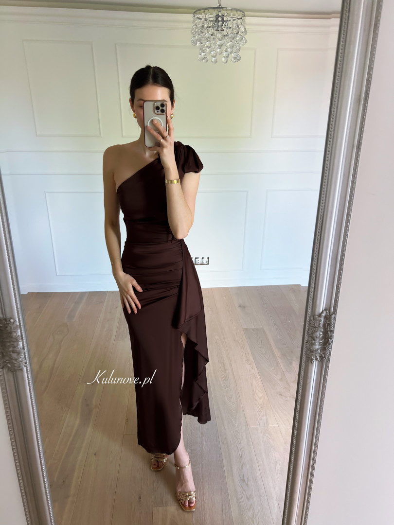 Chicago chocolate satin one-shoulder dress with tie and ruffle - Kulunove image 1