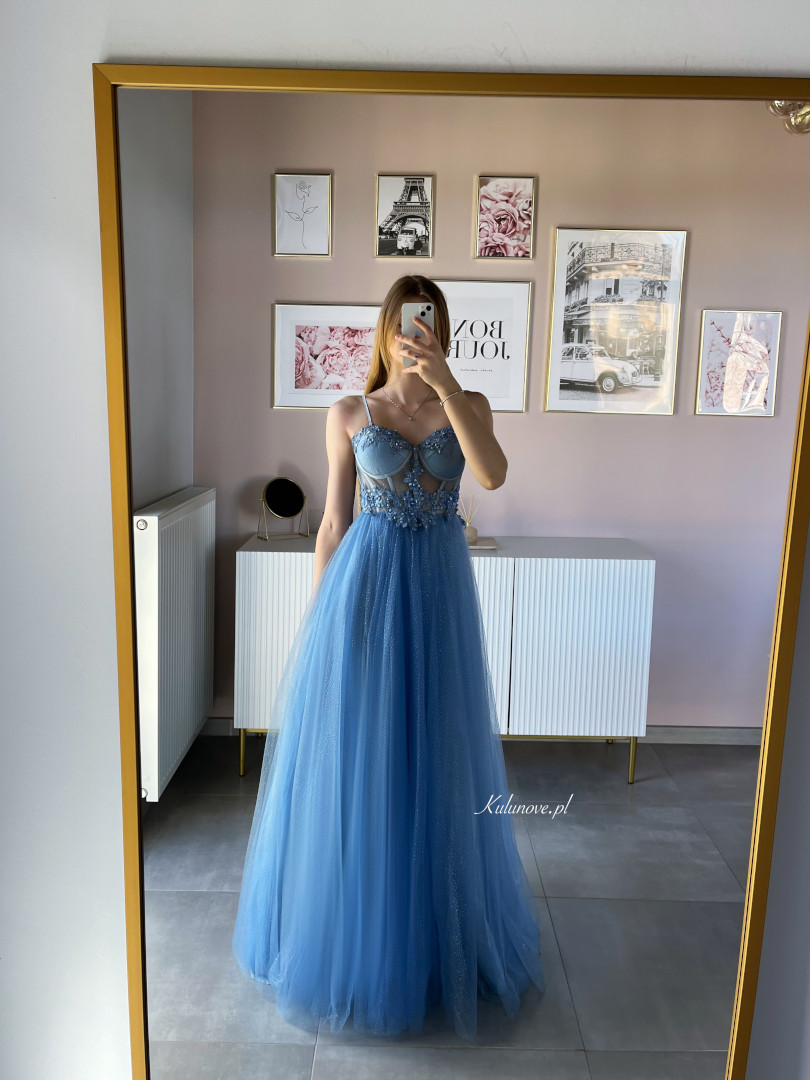  Elsa -  gorsetowa bogato zdobiona suknia tiulowa niebieska w stylu księżniczki pokryta brokatem - Kulunove zdjęcie 1