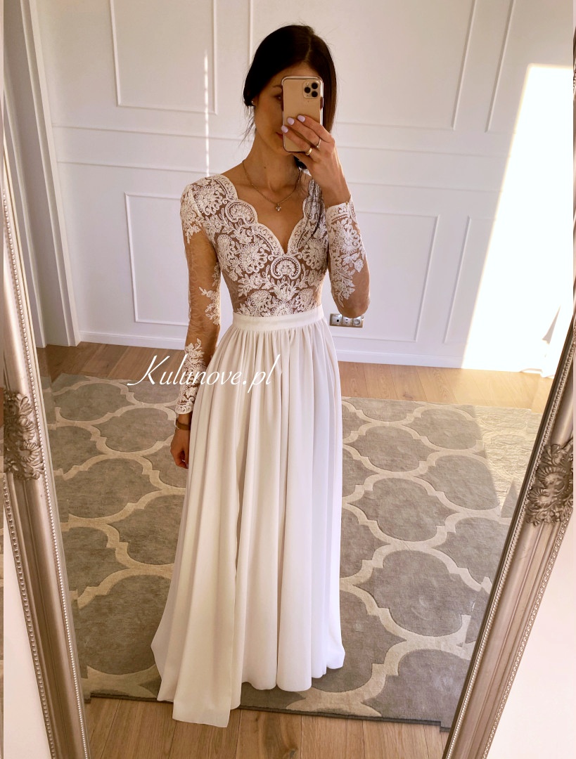 Marietta - white long sleeve wedding dress with beige lining - Kulunove image 2