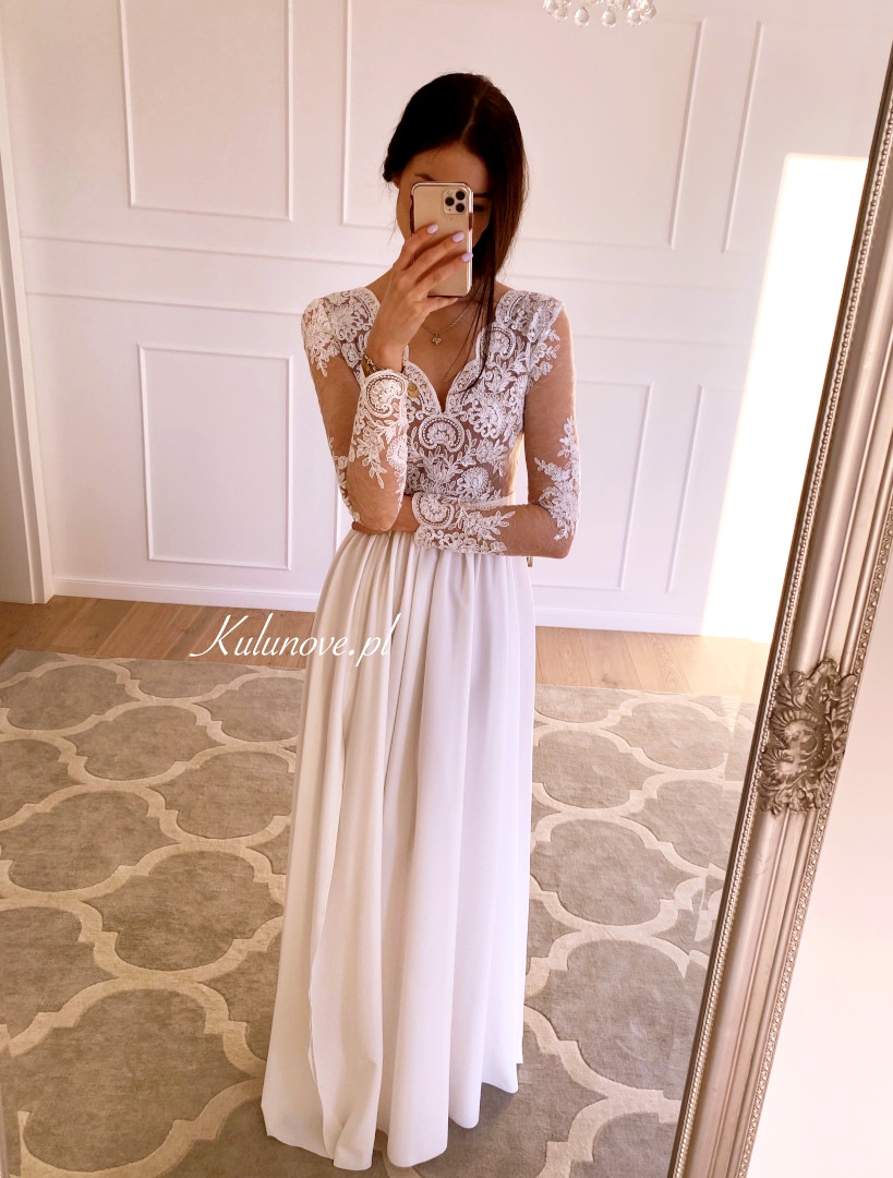 Marietta - white long sleeve wedding dress with beige lining - Kulunove image 1