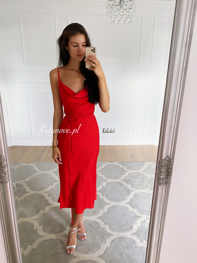 Barcelona - red satin midi dress with striking slit - Kulunove image 1