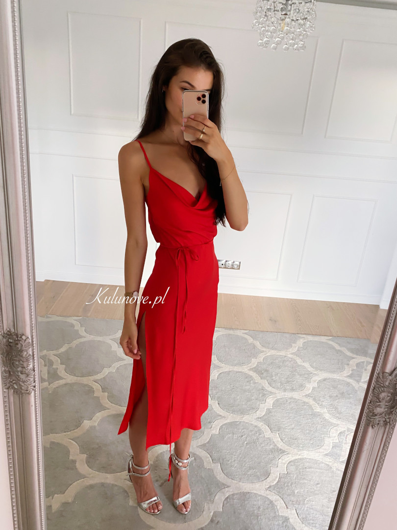 Barcelona - red satin midi dress with striking slit - Kulunove image 4