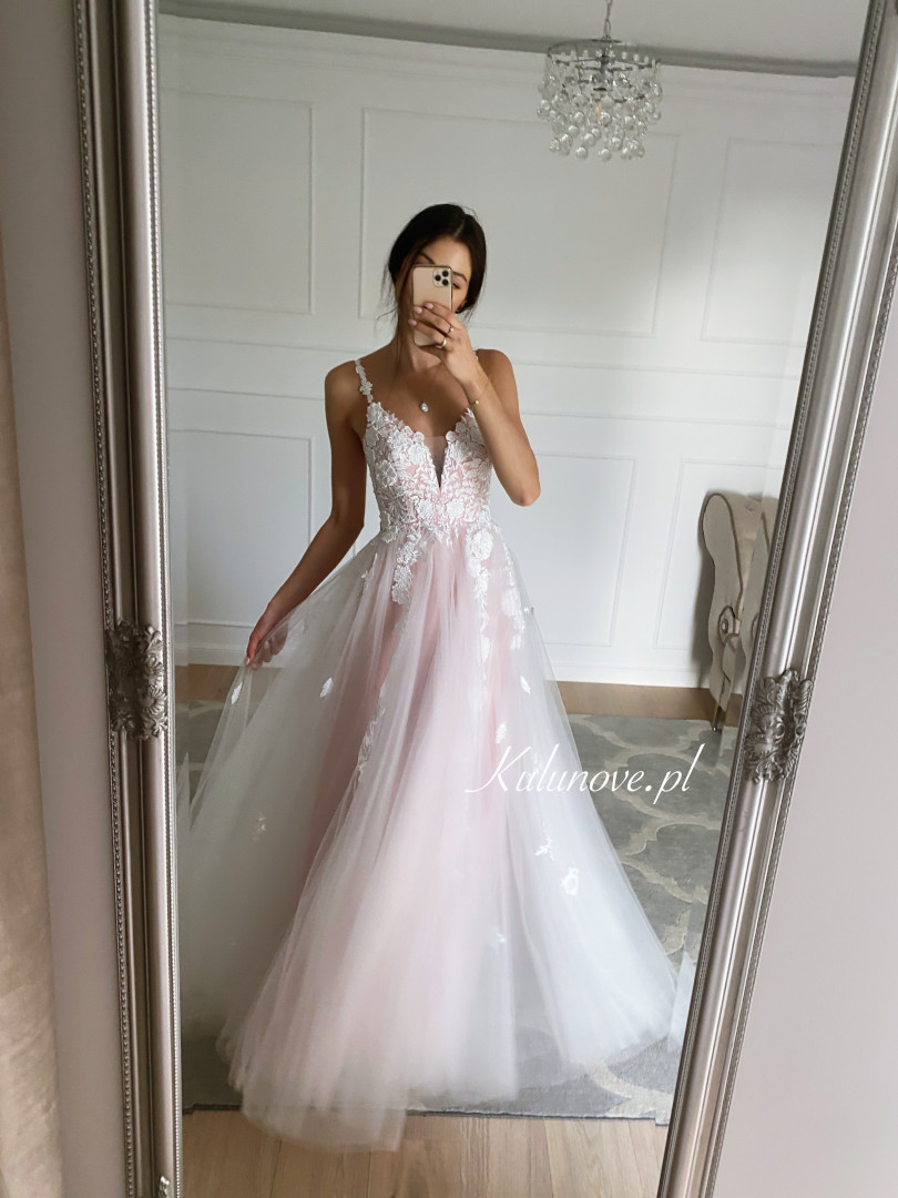 Rosalie - wedding dress in soft pink with lace inserts - Kulunove image 1