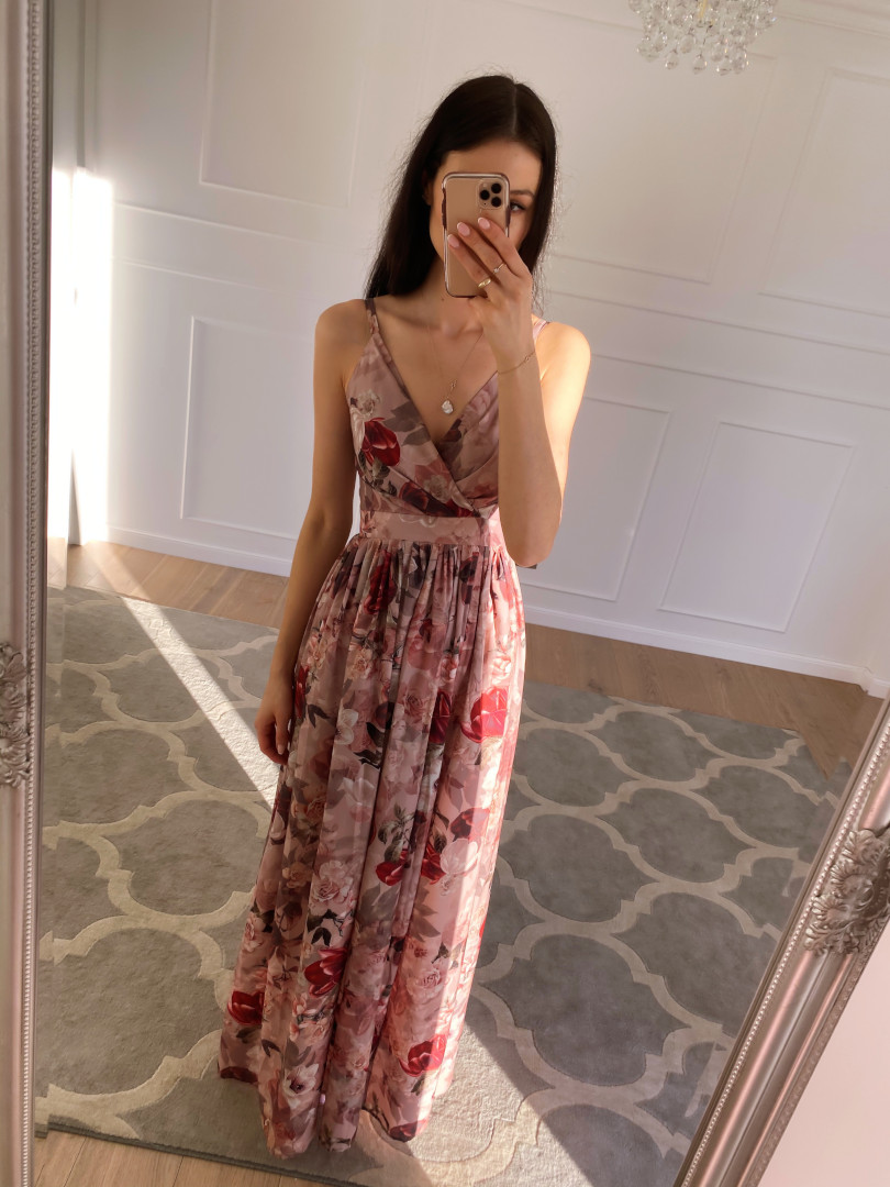 Flowers nude - long floral dress with overlap neckline - Kulunove image 3