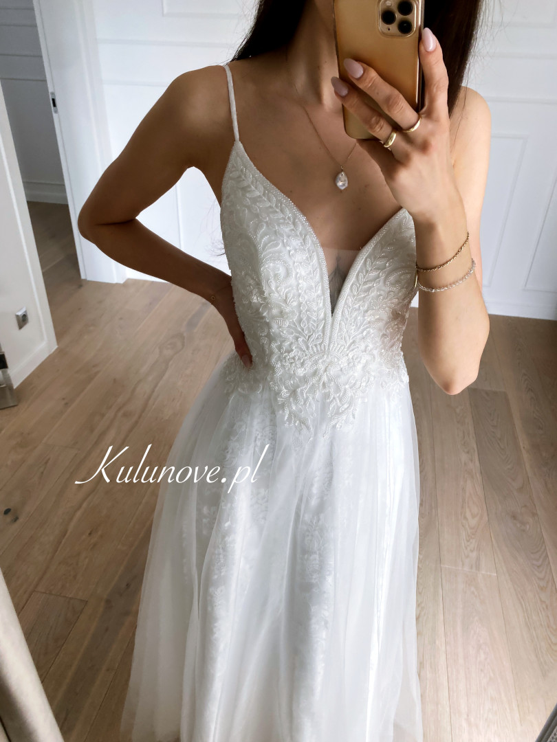 Danielle - richly decorated wedding dress on thin straps with lace - Kulunove image 2