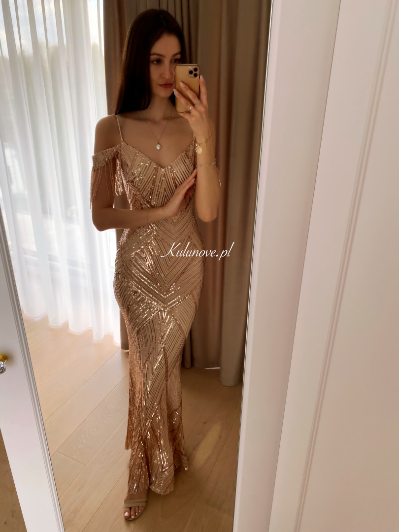 Crystal - sequinned gold fitted dress with plunging sleeves - Kulunove image 1
