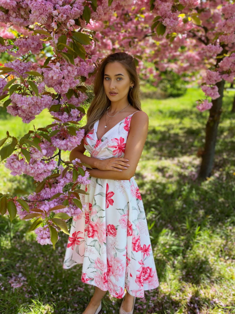Elisabeth midi - dress with pink flowers on a wide circle - Kulunove image 1