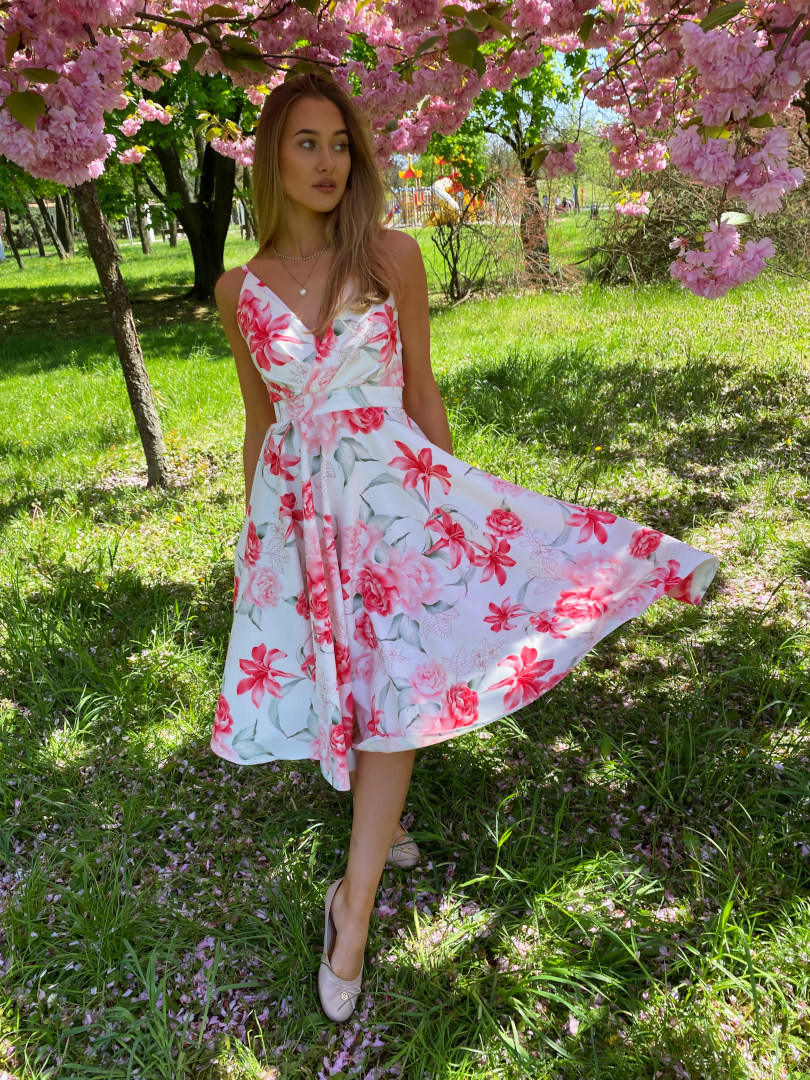 Elisabeth midi - dress with pink flowers on a wide circle - Kulunove image 2