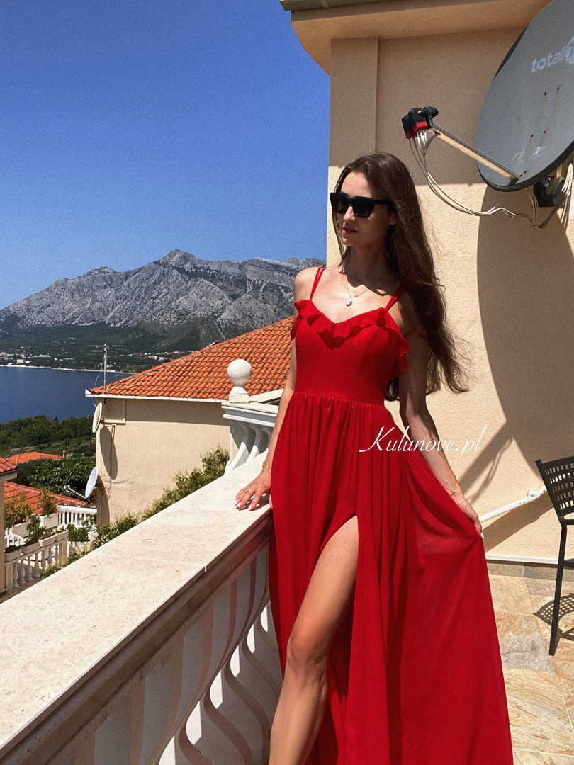 Ornelia - long chiffon red spangled dress with frills - Kulunove image 2
