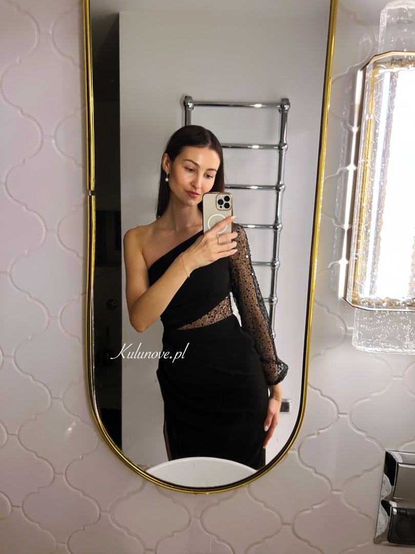 Leticia - long black one shoulder dress with decorative sleeves - Kulunove image 3