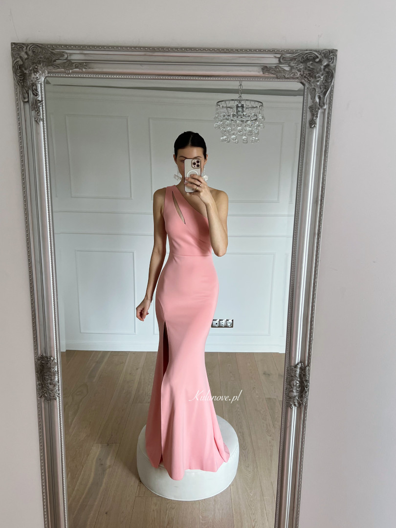 Peggie - coral colored one-shoulder maxi dress with decorative cutout on the bodice - Kulunove image 1