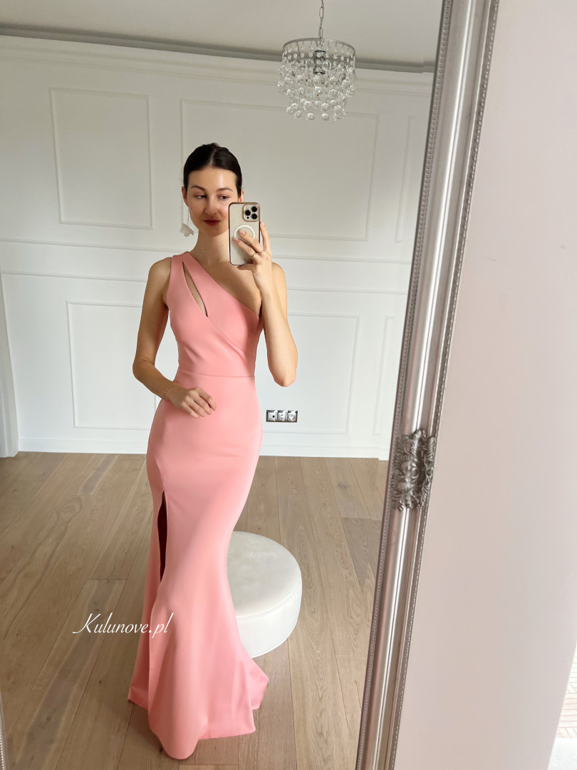 Peggie - coral colored one-shoulder maxi dress with decorative cutout on the bodice - Kulunove image 3