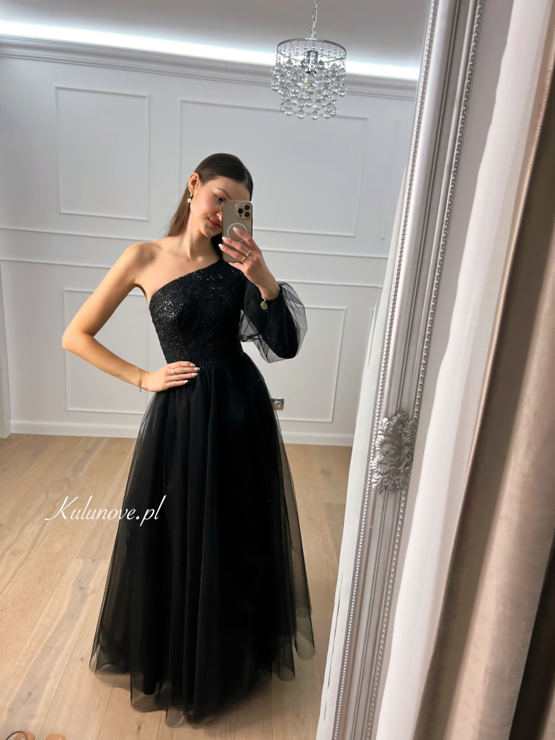 Tiana - black tulle princess style one shoulder maxi dress with lace top - Kulunove image 2
