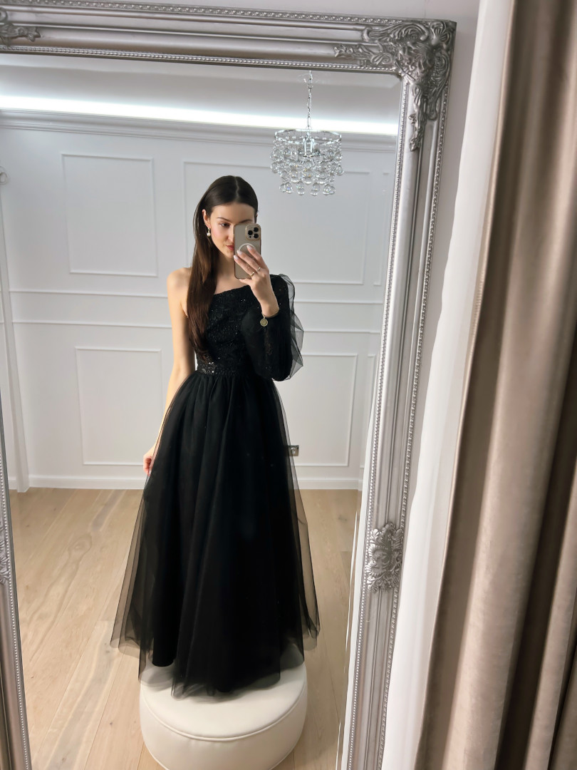 Tiana - black tulle princess style one shoulder maxi dress with lace top - Kulunove image 3