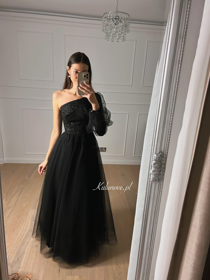 Tiana - black tulle princess style one shoulder maxi dress with lace top - Kulunove image 4