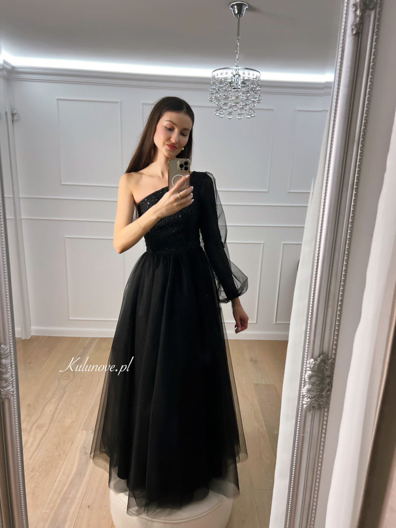 Tiana - black tulle princess style one shoulder maxi dress with lace top - Kulunove image 1