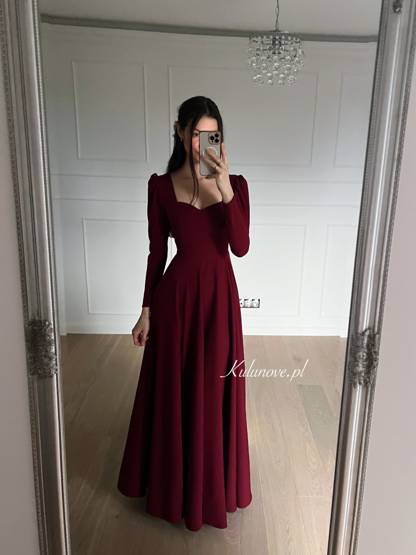 Julia - maroon retro style long sleeve dress with buffets - Kulunove image 4