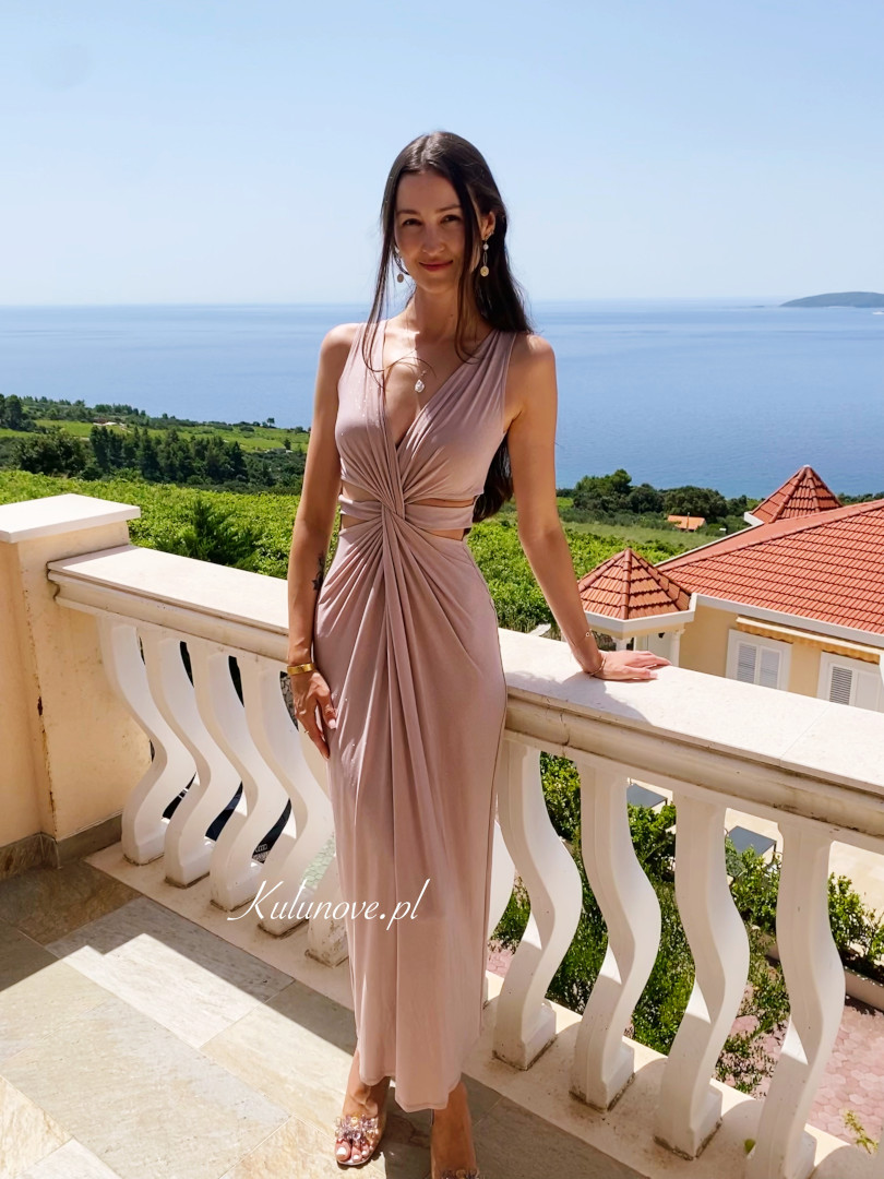 Aristea -beige brocade Greek style dress with cutouts at the waist - Kulunove image 1