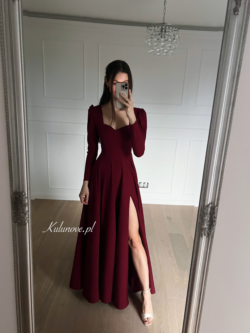 Julia - maroon retro style long sleeve dress with buffets - Kulunove image 1