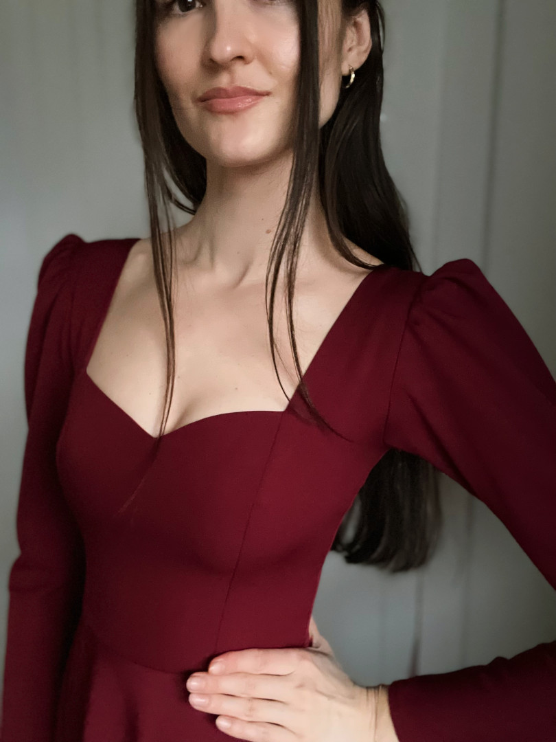 Julia - maroon retro style long sleeve dress with buffets - Kulunove image 2