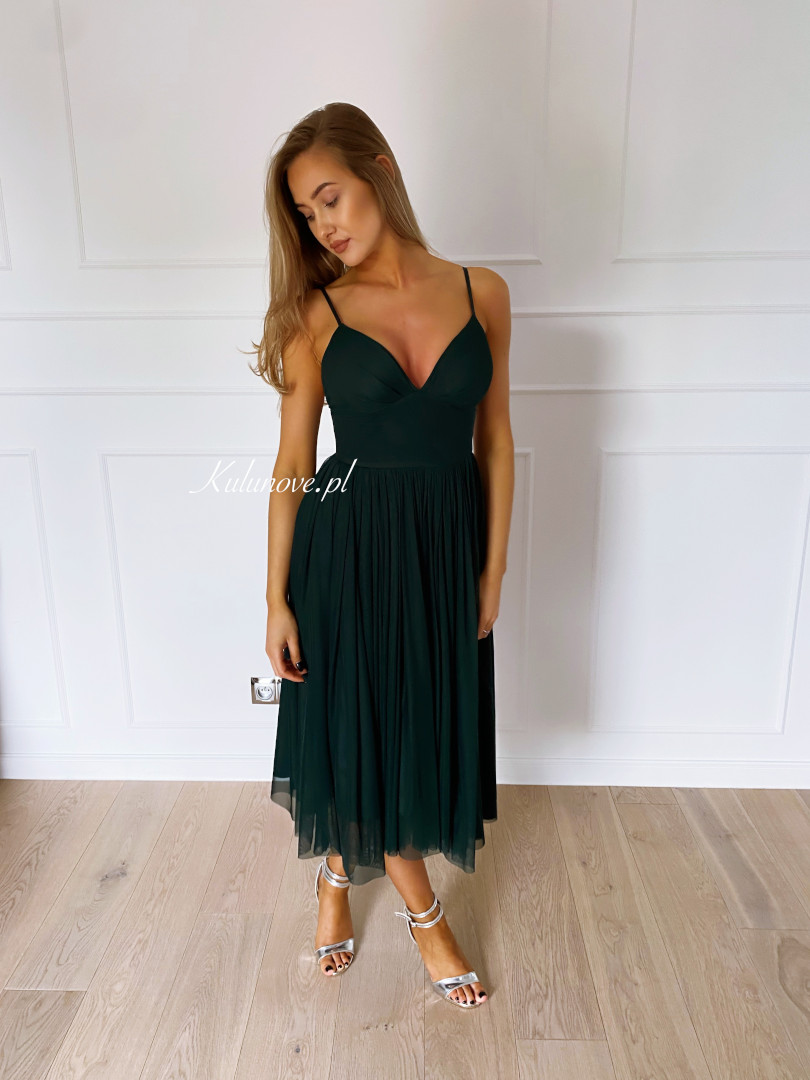 Cindrella green - tulle midi dress with deep neckline in bottle green - Kulunove image 2