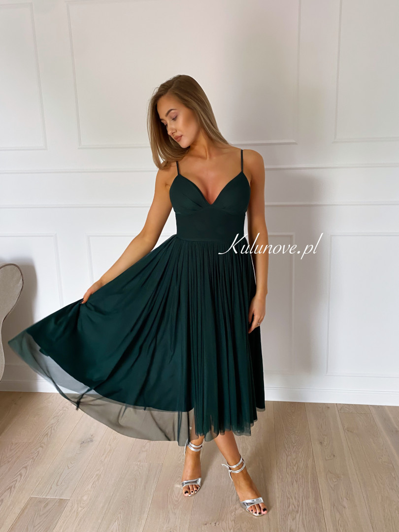 Cindrella green - tulle midi dress with deep neckline in bottle green - Kulunove image 1