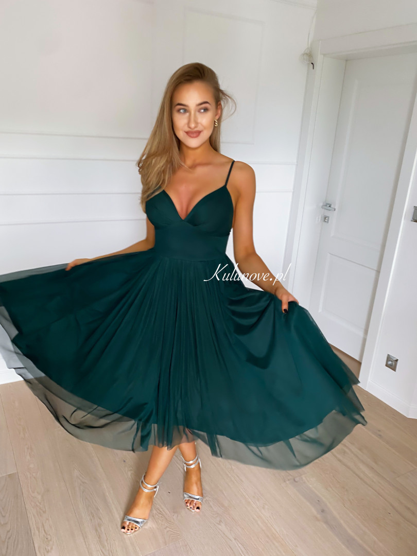 Cindrella green - tulle midi dress with deep neckline in bottle green - Kulunove image 3