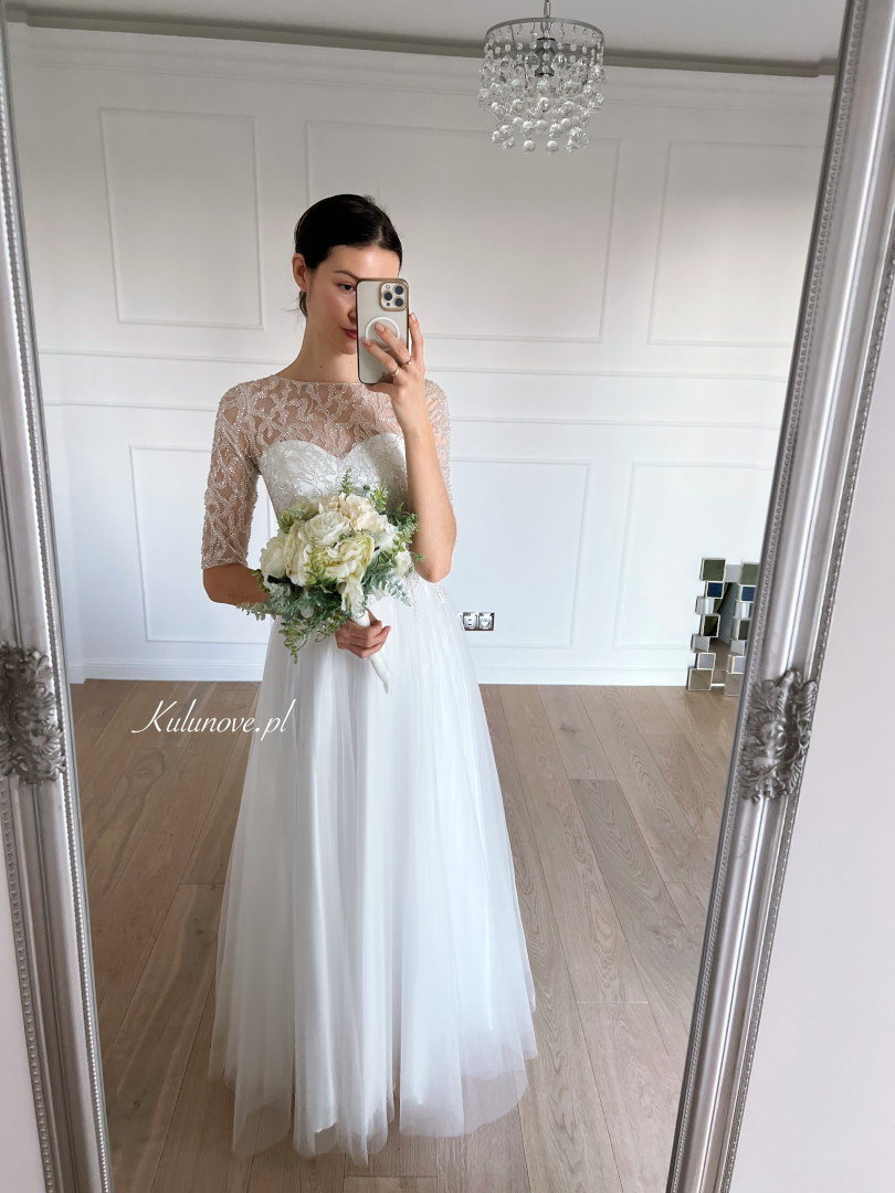 Olivia - tulle wedding dress with 3/4 sleeves and richly decorated top - Kulunove image 1