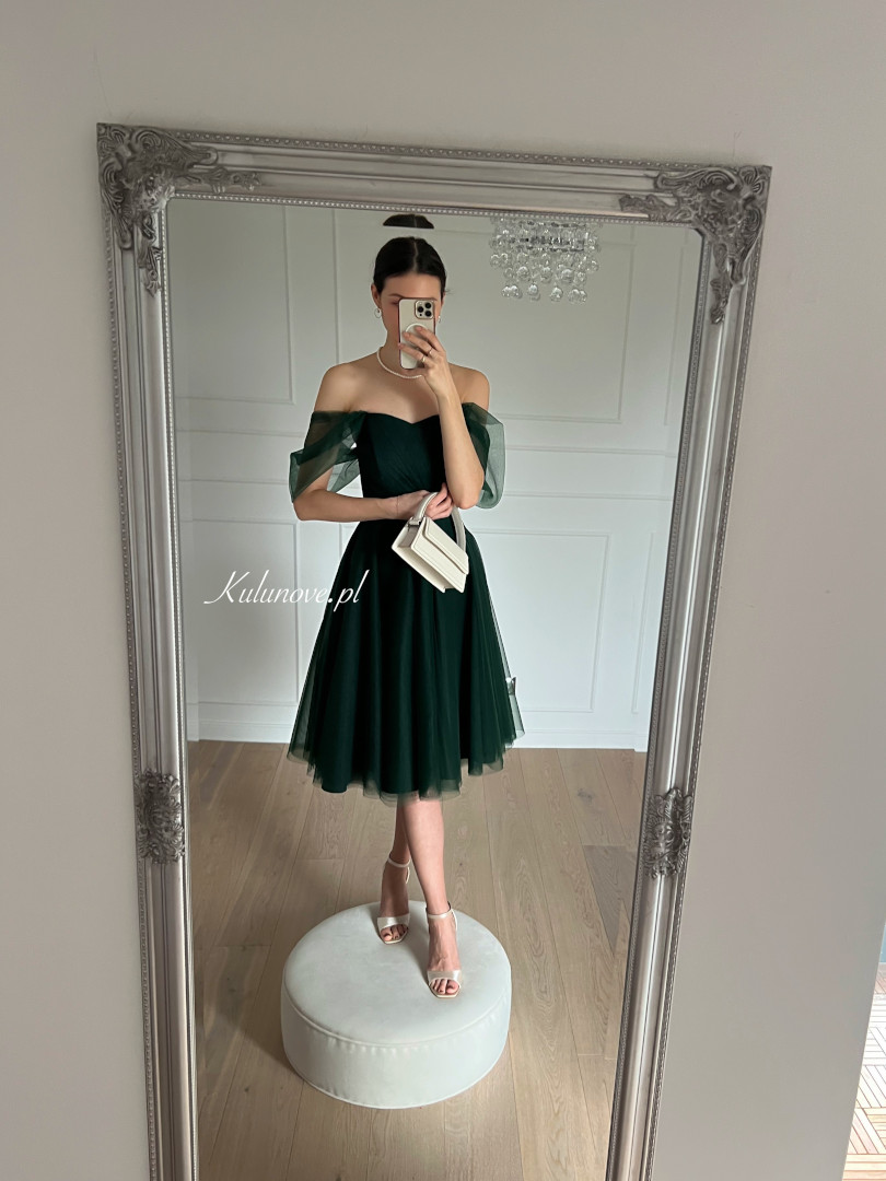 Selena - tulle midi dress with falling sleeves in bottle green color - Kulunove image 4