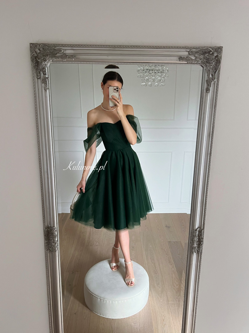 Selena - tulle midi dress with falling sleeves in bottle green color - Kulunove image 1
