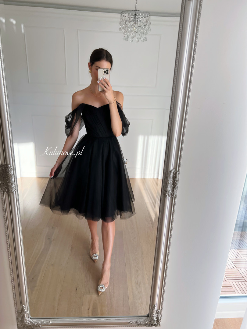 Selena - black tulle midi dress with plunging sleeves - Kulunove image 3