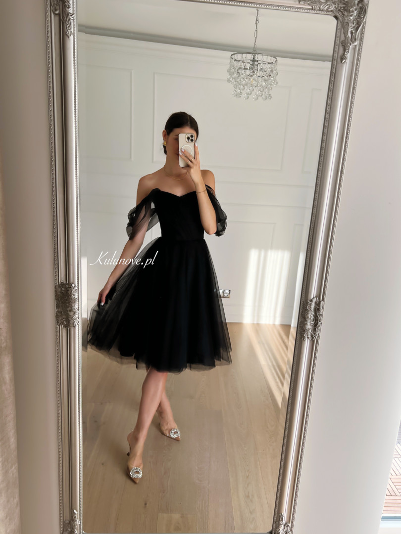 Selena - black tulle midi dress with plunging sleeves - Kulunove image 1