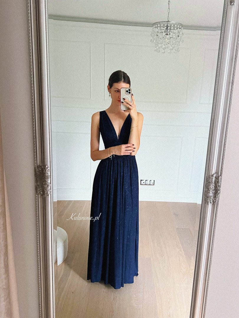 Penelope - navy blue evening long dress with brocade and deep neckline - Kulunove image 1