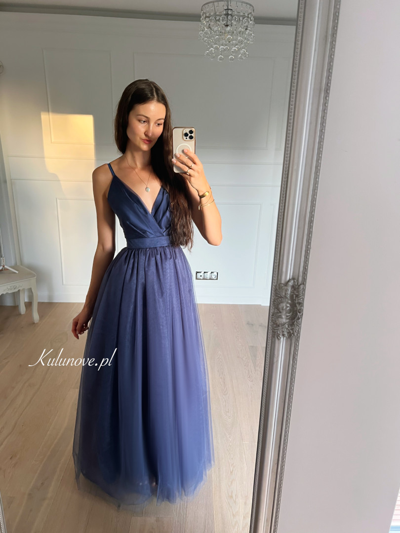 Ana - navy blue maxi dress made of softly glittering tulle in princess style - Kulunove image 1