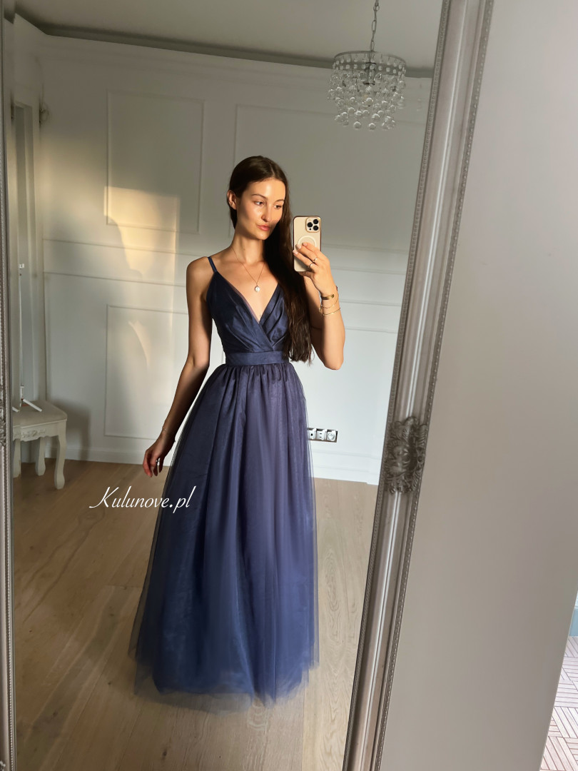 Ana - navy blue maxi dress made of softly glittering tulle in princess style - Kulunove image 3
