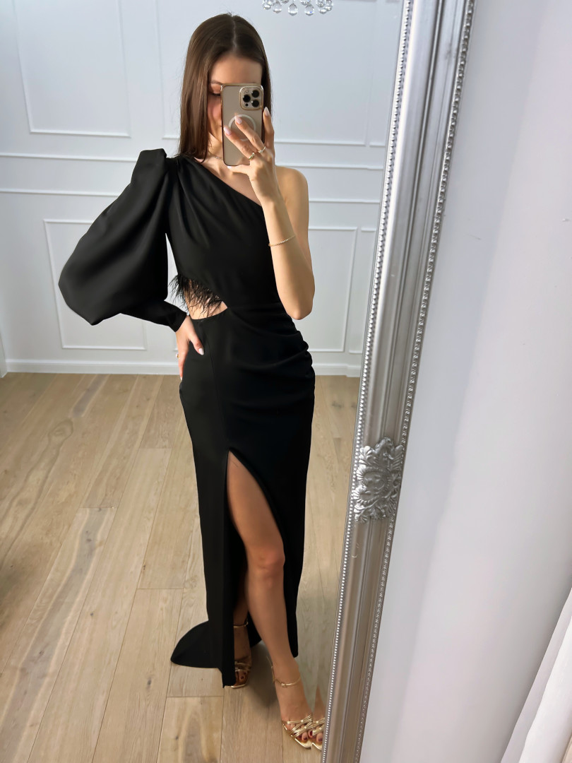 Rachel - black one shoulder maxi dress with feathers at the waist perfect for proms - Kulunove image 3