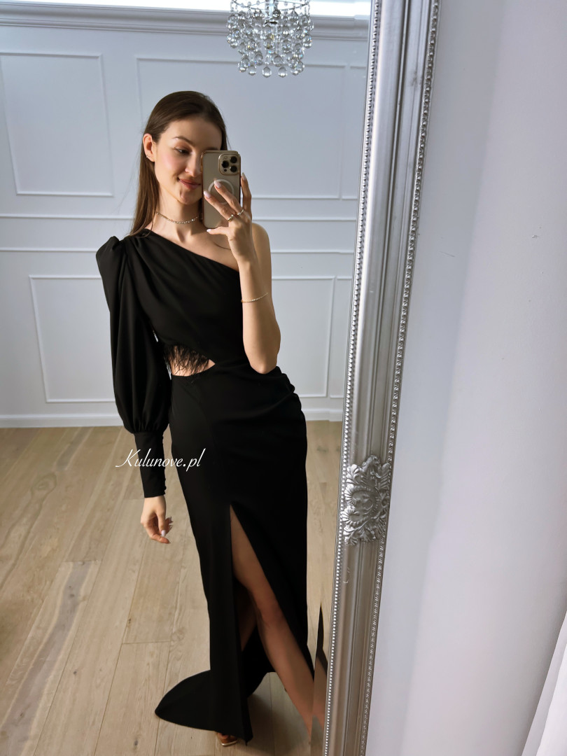Rachel - black one shoulder maxi dress with feathers at the waist perfect for proms - Kulunove image 2