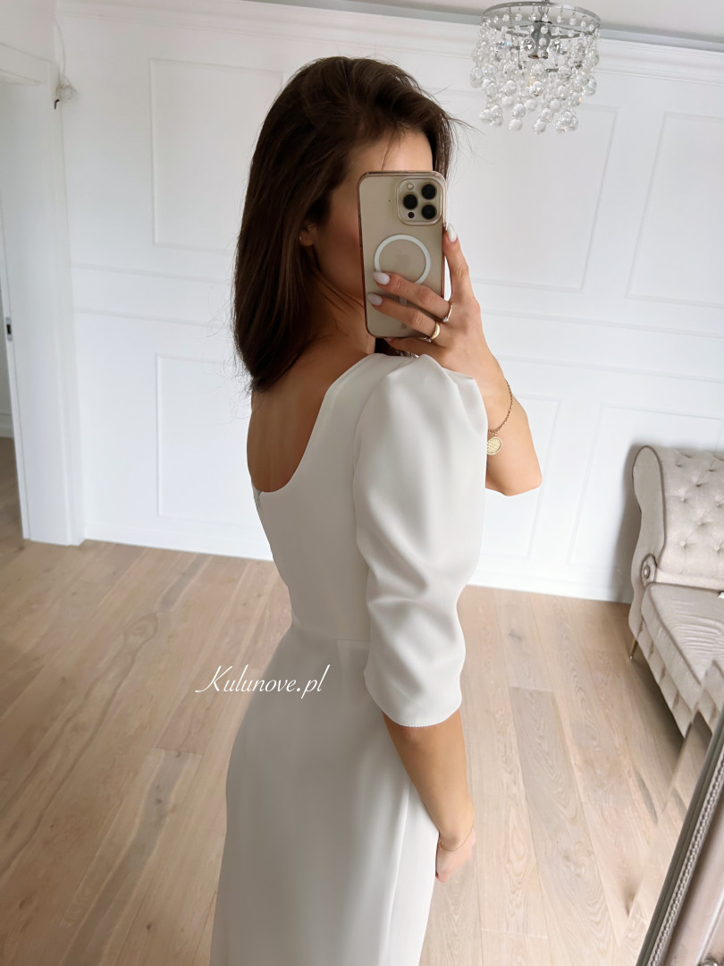 Sylvie - simple minimalist midi wedding dress with buff 3/4 sleeves - Kulunove image 4