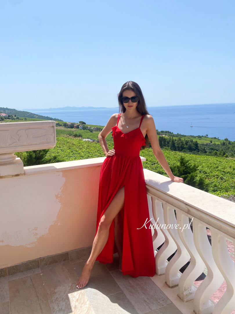 Ornelia - long chiffon red spangled dress with frills - Kulunove image 3