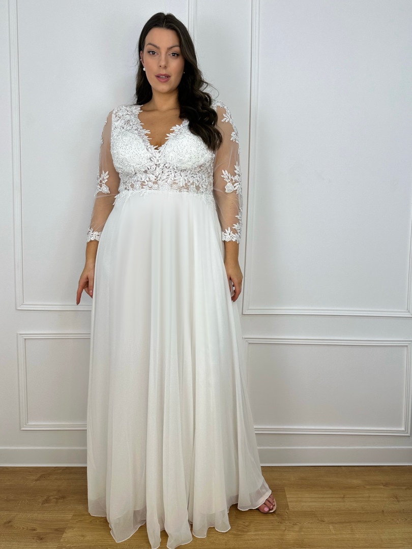 Kelly- muślinowa suknia ślubna na długi rękaw z holograficzną górą z dekoltem w literę V - Kulunove zdjęcie 1