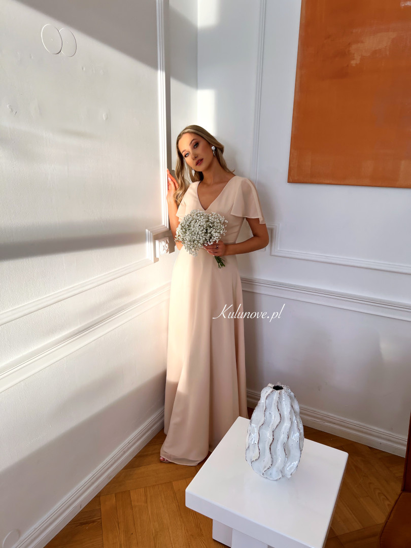 Kylie - chiffon long sleeve dress in warm beige color - Kulunove image 1